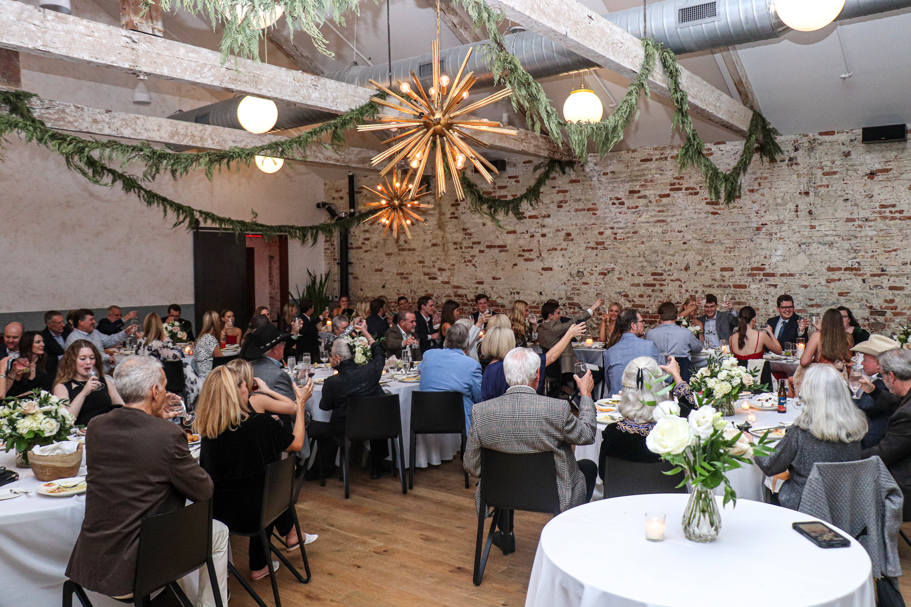 wedding reception with white table cloths